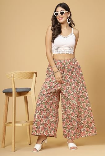 Image of Pistaa's Women's Regular Fit High Rise Pure Cotton Big Flair Printed Regular Palazzo