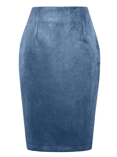 WIFFGO Suede Skirts for Women Fall Winter Mini High Waisted Slit Casual Pencil Bodycon Work Elegant Outfit Office Skirt Blue