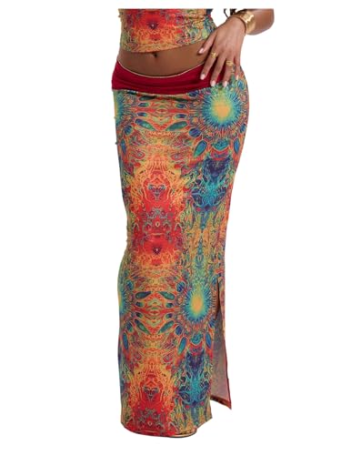 GORGLITTER Women's Boho Graphic Bodycon Maxi Skirt High Waist Side Slit Low Rise Pencil Long Skirts