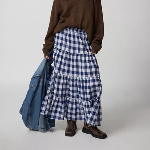 Women Plaid Tiered Maxi Skirt Elastic High Waist Vintage Gingham Pleated Long Skirt Y2K Flowy Swing A Line Skirt3