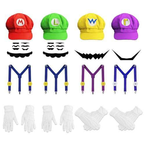 4 Set Super Bros Halloween Costume for Adult,Super Bros Hats Accessories Mary Luigi Caps, Mustaches, Suspenders, Gloves Buttons Set
