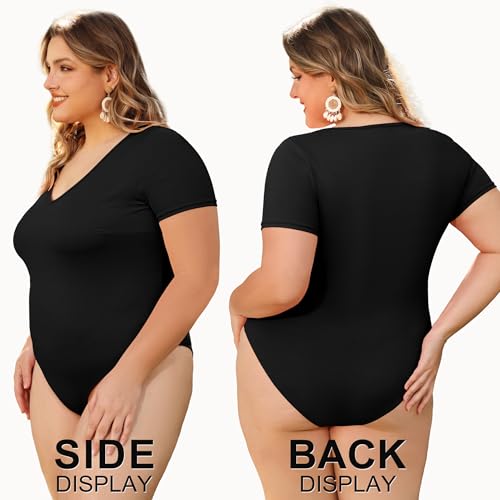 Image of COOTRY Plus Size Short Sleeve Bodysuits for Women V Neck Body Suit Tops Basic One Piece Bodysuit T Shirt