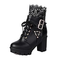 BEAUPAS Women's Gothic Combat Boots Lace Up Platform Ankle Boots with Buckles Chunky High Heel(Black,6)