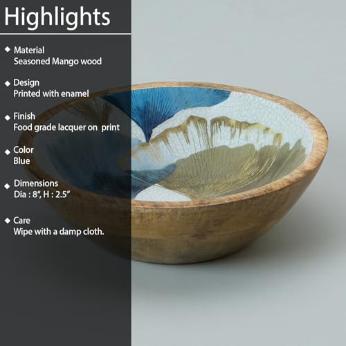 Image of SAAGA Printed Mango Wood Mixing Bowl - 8 x 2.5 Inch Large Wooden Serving Bowl | Stylish Salad, Fruit & Snack Bowl - Ember Printed Bowl