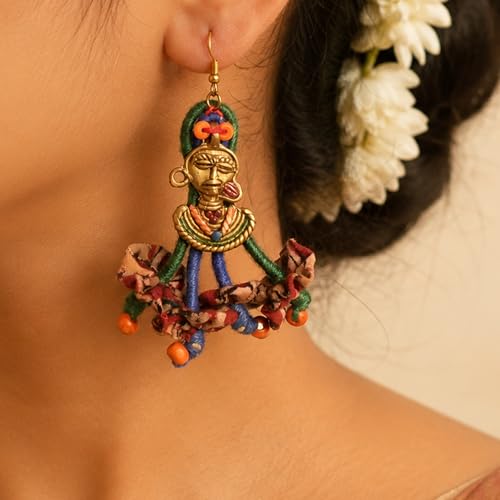 Image of Royal Queen & Empress Handcrafted Tribal Dhokra Earrings Collection for Women - Wooden, Fabric & Round Statement Ethnic Designs in Multiple Colours