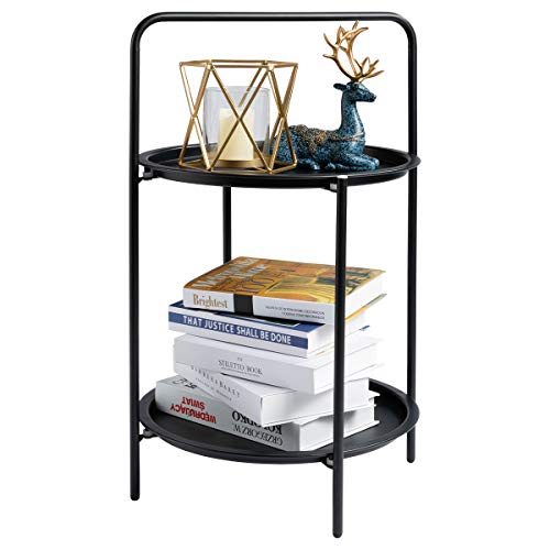 Hollyhome Small Round Metal Tray 2-Tier End Table, Accent Sofa Side Table, Anti-Rust And Outdoor&Indoor Waterproof Snake And Coffee Table, (H) 25.6" X(D) 15.6 ", Black #TOP1