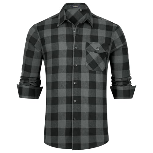 HISDERN Camisas Hombre Cuadros Manga Larga Franela algodón Botones Estilo leñador con Bolsillo Corte Regular Color Negro Talla XL