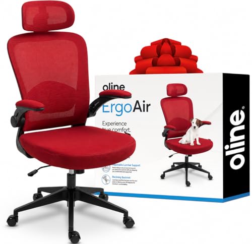 Oline ErgoAir Ergonomic Office Chair Adjustable Lumbar Support Flip-Up Armrests Mesh Computer Desk Chair Swivel Rolling Executive Gaming Chair for Home & Office (Red)
