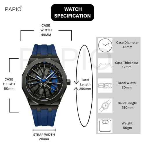 Image of PAPIO Men's Sports Analog Watch with Wheel Design Dial | Metal Case | Silicone Strap | Stylish Casual Watch for Men