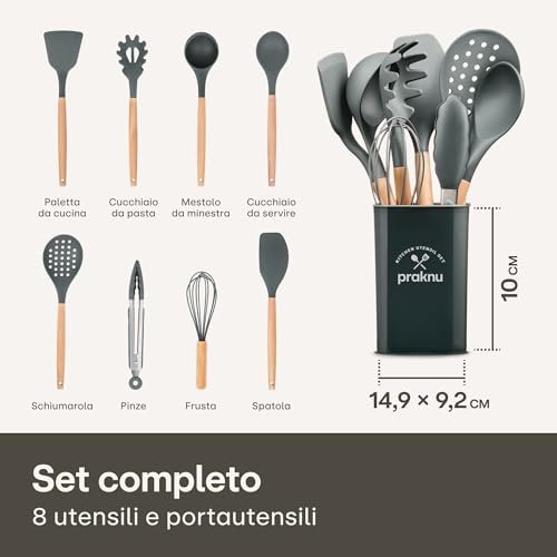 Utensili Cucina in Silicone - 8 Pezzi Utensili da Mestoli Cucina in Silicone con Manico in Legno - Certificato FDA per Alimenti - Con Supporto e Mestoli - Con Fori per Appendere - immagine 4