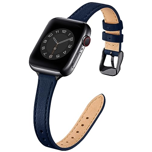 Image of STIROLL Slim Leather Bands Compatible with Apple Watch Band 49mm 46mm 45mm 44mm 42mm(Series 3 2 1), Top Grain Leather Watch Thin Wristband for iWatch Ultra SE Series 10 9 8 7 6 5 4(Navy Black)