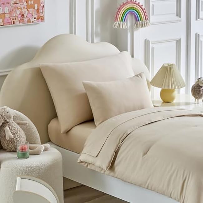 Toddler Bedding Set - 5 Piece Soft and Breathable Toddler Bed Set for Boys and Girls, Includes Quilted Comforter, Fitted Sheet, Flat Top Sheet, Standard Pillowcase and Toddler Pillowcase, Cream Beige