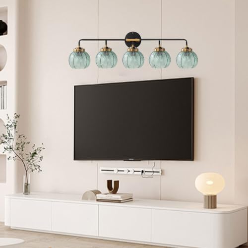 Image of 5-Light Bathroom Vanity Light Green Wall Lights Glass Globe Shade | Mid Century Modern Vintage Wall Sconce Vanity Lights 27.2Inch Long, 5.9Inch Glass Shade E26 Base,Over Mirror Bedroom Hallway