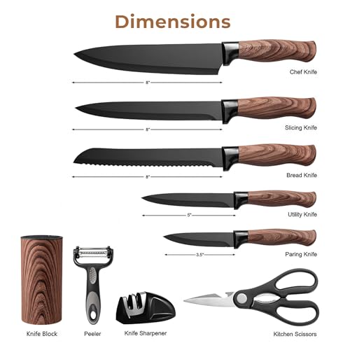 Image of HomeEssentials Premium 9-Piece Knife Set with Sharpener & Kitchen Shears - Razor Sharp Stainless Steel Blades, Ergonomic Wood-Style Handles, Rust Resistant, Perfectly Balanced Kitchen Knife Set