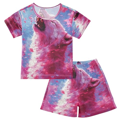 ALAZA Wolf Floral Pajamas Set Short Sleeve Cotton Sleepwear Summer Pjs 2 Piece 5-14Y