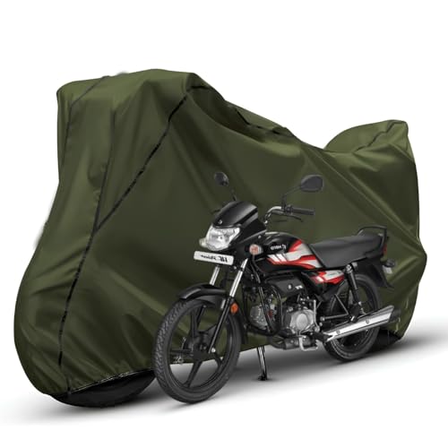 Image of Waterproof Bike Body Cover Compatible with Hero Hf Duluxe Dustproof Scratchproof - Motorcycle Cover for Two Wheeler, Outdoor Full Cover with UV, Duty, Rain Protection (Olive with Black) R1
