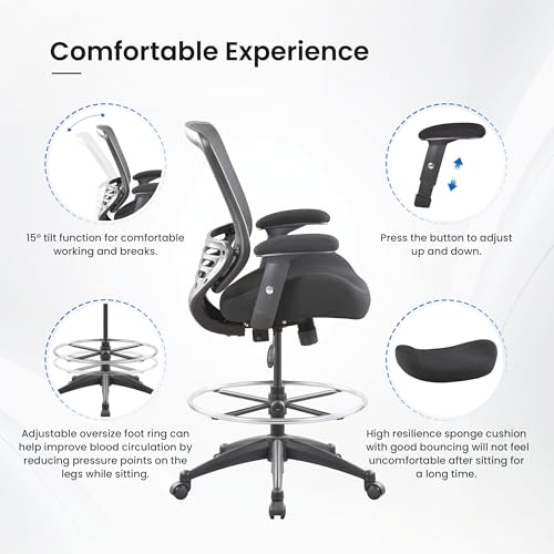 Image of BOLISS 400lbs Mid Back Mesh Ergonomic Drafting Chair for Standing Desk Office Wide Chair Built-in Lumbar Support Big Adjustable Foot Ring Height Adjustable Armrest (Black)