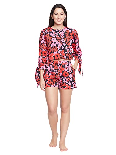 Image of Clovia Women's Crepe Floral Printed Top & Shorts Set - Red