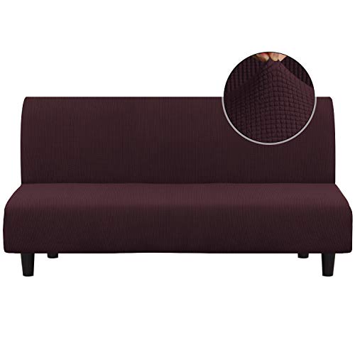 Turquoize Stretch Futon Cover Armless Sofa Cover Sofa Bed Slipcover Futon Couch Cover Furniture Protector with Elastic Bottom Feature Thick Soft Checked Jacquard Fabric, Brown