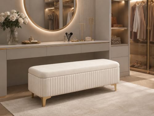 Image of LEGACY OF COMFORT Qwen Velvet Upholstered Flip Top Storage Bench 2 Seater Sofa Upholstered Ottoman Bench with Storage for Living Room, Bedroom (Ivory)
