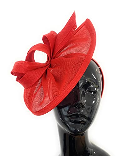 Caprilite Vegan Moon Hoop Fascinator Hat on Headband Wedding Ascot Races Bespoke Sinamay Disc (Red) - Image 2