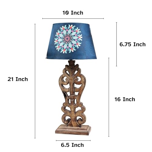 Image of tu casa Mangowood Rustic Brown French Table Lamp for Home Decoration, Bedroom, Living Room, Lounge, Office, Festival Gifting, Study Table (French Floral Print with Satin Shade) H - 21 inch / No Blub
