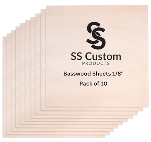 Basswood Sheets for Crafts 1/8 inch, 3mm Plywood Sheets for Laser Cutting, Wood Burning, Architectural Models, Drawing - 10 Pack Bass Wood 12 x 12 inch (SS Custom Products)