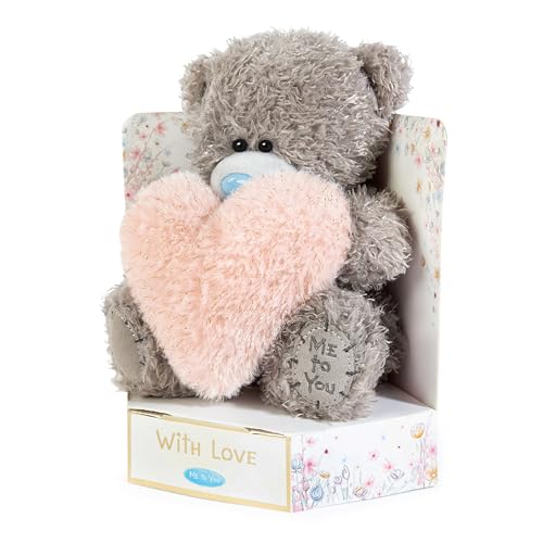 Me to You Tatty Teddy Plush 15cm-High 'With Love' Bear Holding Fluffy Heart On Luxury Gift Plinth - Official Collection, Grey - Image 2