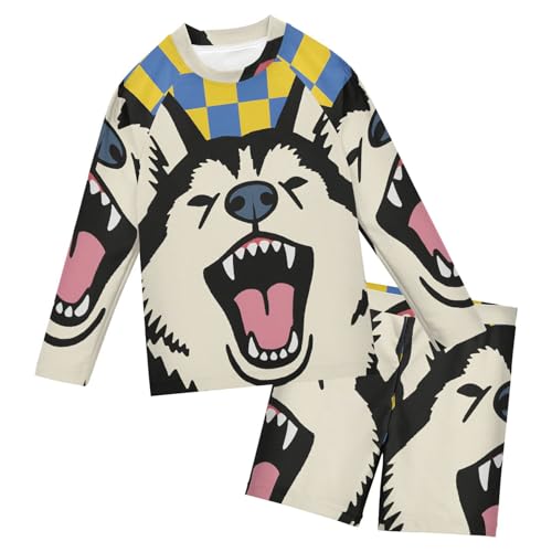 Traje de baño de dos piezas manga larga niños protección UV piscina a cuadros