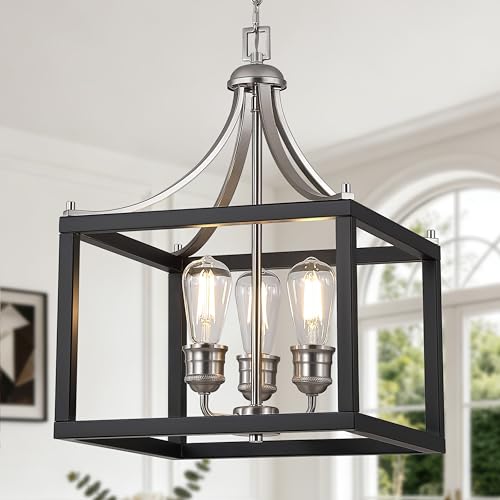 Image of Black Chandelier, 3-Light Farmhouse Chandelier for Entryway, Ceiling Light Fixture, E26 Rustic Hanging Pendant light, Industrial Modern Chandelier for Dining Room Entryway Kitchen Island Foyer Bedroom