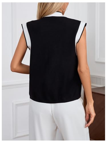 Image of MakeMeChic Women's Contrast Binding Sweater Vest V Neck Button Down Sleeveless Sweater Cardigan Knitwear Black and White X-Large