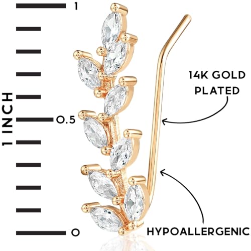 14K Gold or 925 Sterling Silver Plated Ear Crawler Earrings for Women - Crystal Leaf Ear Climber Earrings - Hypoallergenic, Safe for Sensitive Ears3