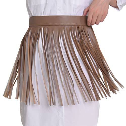 Women Fringe Tassel Skirt Belt Pu Leather Vintage Adjustable Waistband For Pants/Party (Tan, L) #TOP3