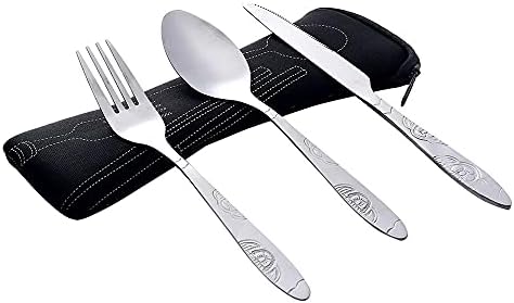 3 Pieces Stainless Steel Flatware Set, Knife Fork Spoon Set, Travel Camping Cutlery Set with Neoprene Case, Reusable Lunch Box Utensils, Portable Travel Silverware Set