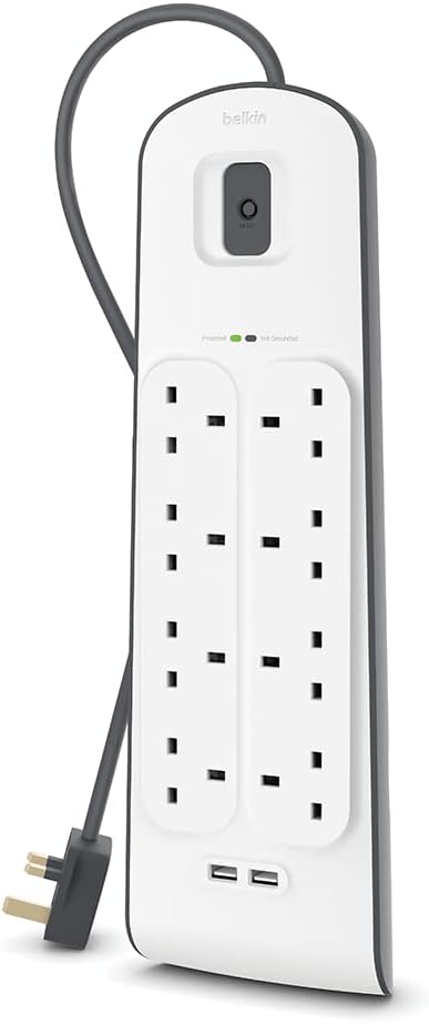 Belkin 8 Way/8 Plug Surge Protection Strip With 2 Meters Cord Length - Heavy Duty Electrical Extension Socket With 2 X 2.4 A Shared USB Ports