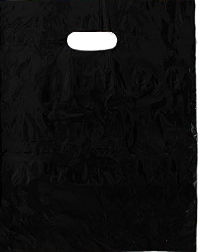 12 x 15 Plastic Merchandise Bags (100 Pack) w/Die Cut Handles ~9 Color Combo (Black)