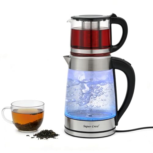awolsrgiop Türkische Teekanne Elektrisch 1800W, 2.5L Glas Teekocher mit 1L Teekanne & Sieb, Caydanlik mit Automatischer Abschaltung, Sichtbarem Wasserstand, Für Türkischen Tee, Klar/Silber