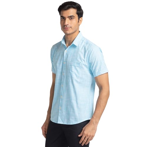 Image of Park Avenue Men's Pure Cotton Chambray Pattern Slim Fit Ainsley Collar Half Sleeve Casual Shirt