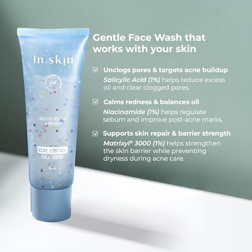 Image of in.skin Acne Control Face Wash with 1% Salicylic Acid, 1% Niacinamide & Matrixyl 3000 | Deep Pore Cleanser for Oily & Acne Prone Skin | For Both Men & Women - 120 ML