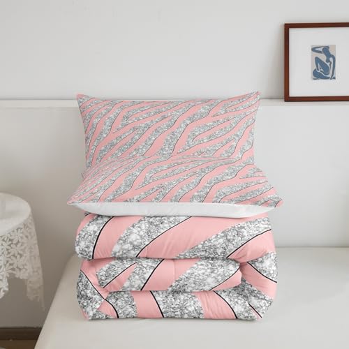 Image of Feelyou Women Leopard Bedding Set Girls Pink Silver Print Comforter for Kids Boys Teens Glitter Zebra Safari Animal Quilt Room Decor Duvet All Season King Size