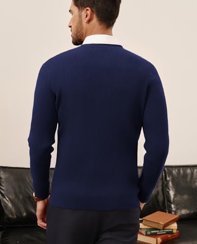 PJ PAUL JONES Mens Lightweight Sweater Ribbed Long Sleeve Sweaters Casual V Neck Knit Textured Pullover Business Office Work Navy Blue M2