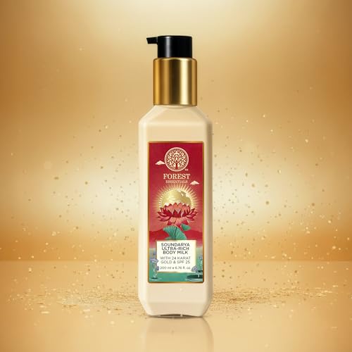 Image of Forest Essentials Travel Size Ultra Rich Body Milk Soundarya With 24K Gold & SPF25 | Ayurvedic Body Lotion with SPF | Tan Removal Natural Body Moisturizer, UVA & UVB Protection, Paraben Free | 50 ml