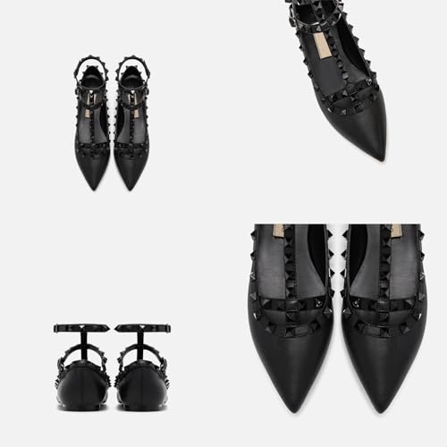 Lymphvity Women's Closed Pointed Toe Studs T-Strap Flat Shoes Fashion Adjustable Ankle Strap Rivet Gladiator Flats Dress Shoes for Work Party3