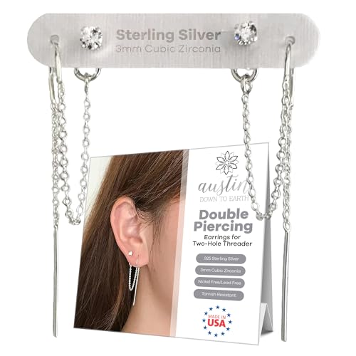 Sterling Silver Double Piercing Earrings Two Hole Earrings Cz Threader Earrings For Women Chain Earrings Set Boho Jewelry Cubic Zirconia (Sterling Silver)
