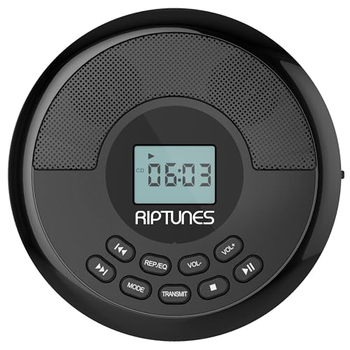 Riptunes CD Player Portable Rechargeable Battery Bulit-in - Wireless, Dual Speakers Anti-Skip Protection - Compatible MP3 USB- Black