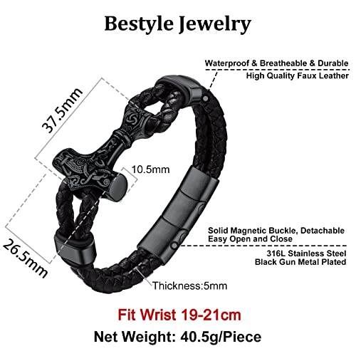 Thick Black Men Bracelets Viking Norse Thor's Hammer Amulet Charm High Qulity Leather Cord Wrap Wristband With Clasp, Personality Bracelets For Husband Boyfriend Dad #TOP5