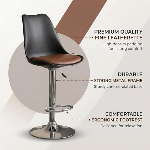 Image of activa Rapid Bar Stool Chair with Height Adjustable Design, Padded Seat & Footrest | Modern Metal Counter Stool for Kitchen, Home, Bar & Cafe Seating | Durable Comfort Chair (Black & Tan, Set of 2)
