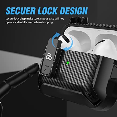 Valkit Compatible Airpods Pro Case With Lock Clip, Carbon Fiber Texture Air Pod Pro Case Cover With Keychain For Men Women Cool Airpod Pro Shockproof Protective Case For Airpods Pro 2019, Black #TOP2