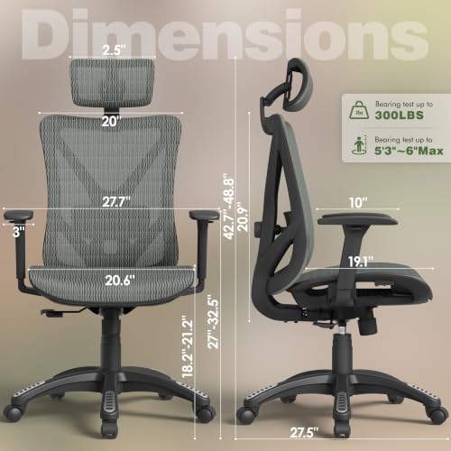 Image of ELABEST T23 Ergonomic Mesh Office Chair, High Back Computer Desk Chair, Breathable AirMesh with Dual-Move Lumbar Support, 3D Armrests & Headrest, Tilt Lock, Big and Tall for Home Office((Eucalyptus)