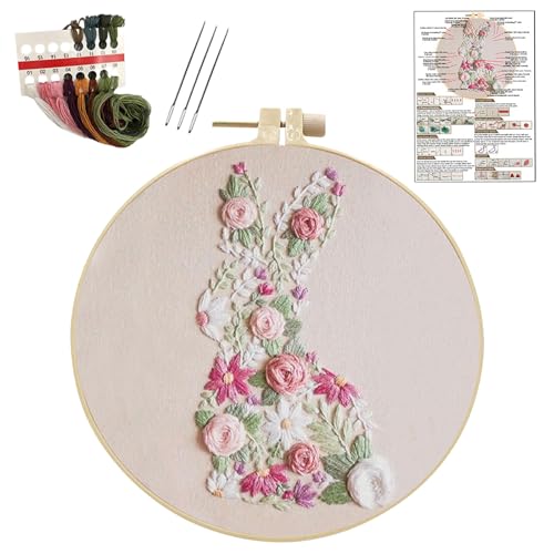 Image of YOUDRN Bunny in Bloom Easter Embroidery Kit for Beginners, Embroidery Kits for Adults,DIY Hand Bunny Embroidery Easter Cross Stitch Starter Set with Pattern,Threads,Needles,Instruction,20cm Hoop